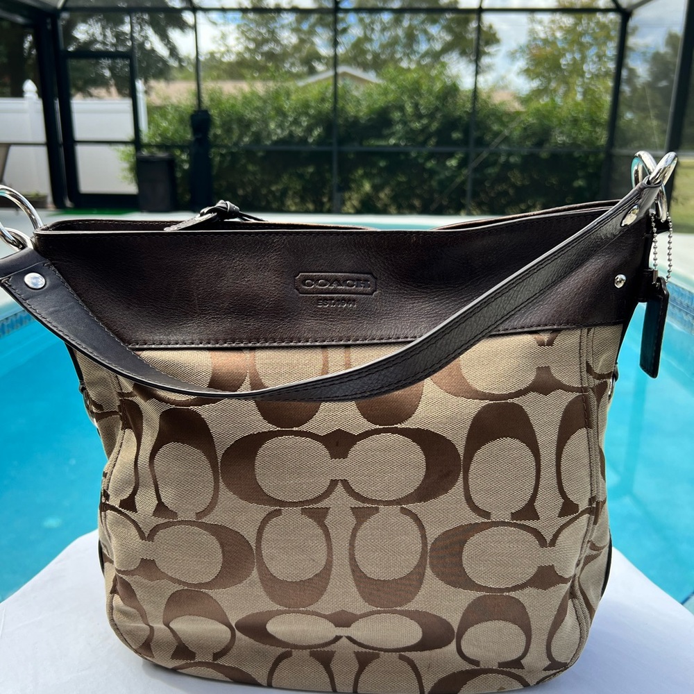 COACH Brown Leather and Signature Fabric Hobo. Good Used Condition.